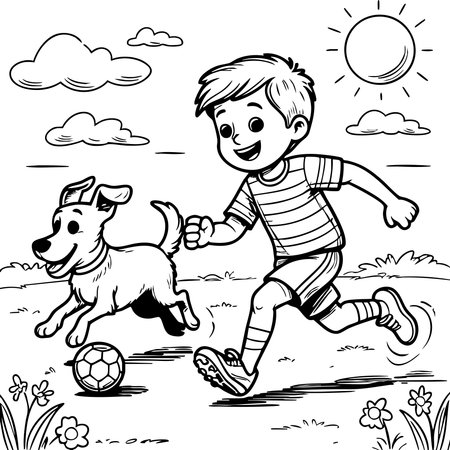 Cute boy running with his dog chasing soccer ball under bright sun illustrationのイラスト素材