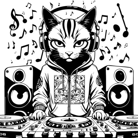 Serious cat DJ performing mix set with speakers and music notesのイラスト素材