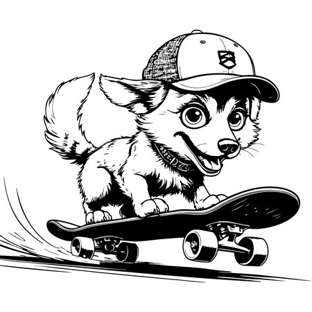 Energetic puppy with cap skating fast showing joy and playful attitudeのイラスト素材
