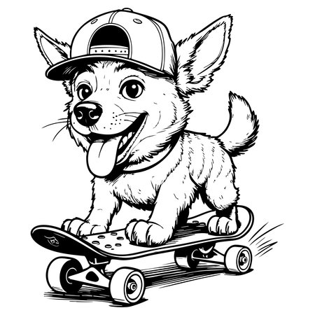 Adorable puppy with cap skateboarding with excitement and cheerful vibeのイラスト素材