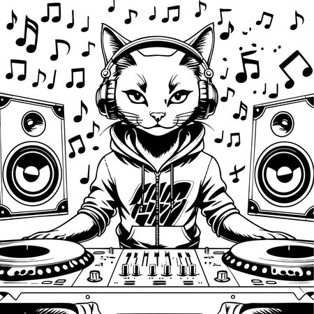 Cat DJ in hoodie playing tracks surrounded by speakers and music notesのイラスト素材