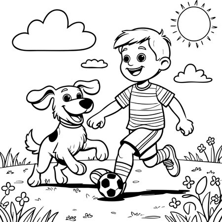 Cheerful boy and his dog playing soccer on a sunny day in the parkのイラスト素材