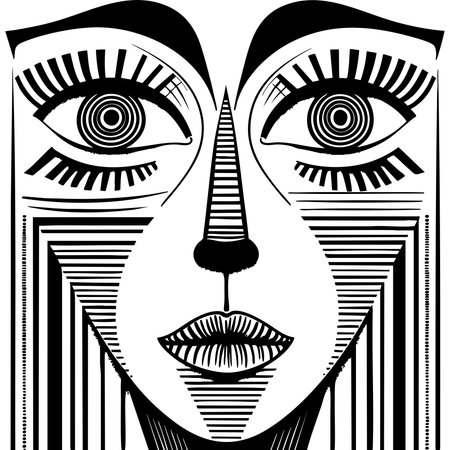 Black and white abstract face art with hypnotic eyes and linear symmetryのイラスト素材