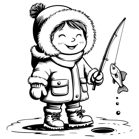 Smiling kid in winter coat fishing on ice holding a fish for coloring pageのイラスト素材