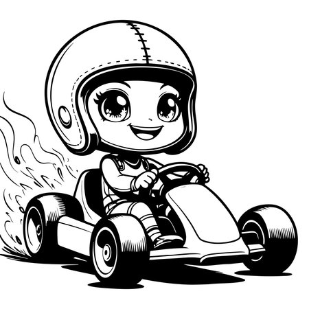 Adorable cartoon girl driving a go kart with cheerful expression and big eyesのイラスト素材