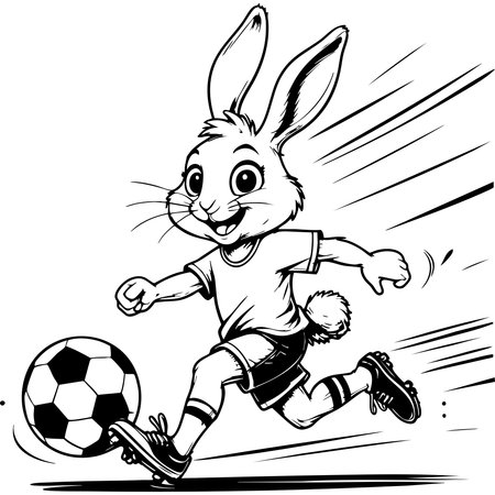 Energetic bunny kicking soccer ball wearing sports outfit for coloring pageのイラスト素材