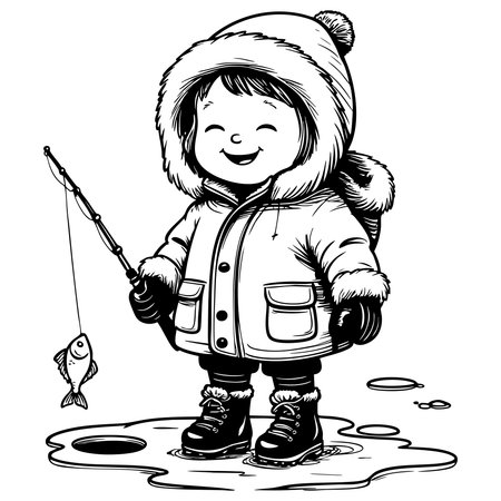 Smiling child in winter coat ice fishing holding small fish cartoonのイラスト素材