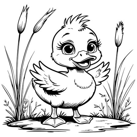 Adorable baby duck standing near reeds perfect for kids coloring funのイラスト素材