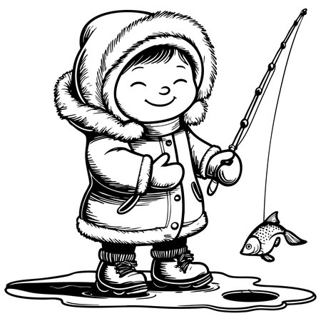 Smiling child fishing on ice wearing warm coat for coloring funのイラスト素材