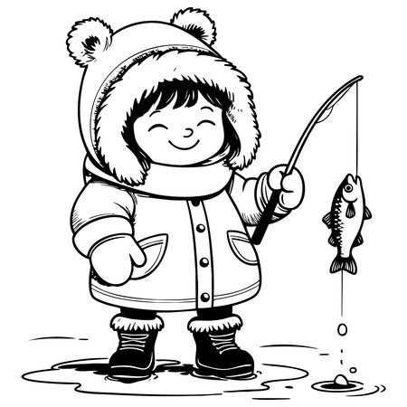 Happy kid in warm coat ice fishing with a big smile and small fishのイラスト素材