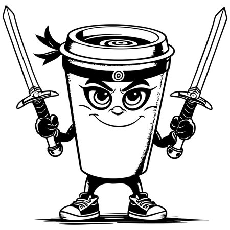 Funny coffee cup ninja warrior holding two swords perfect for coloring book designのイラスト素材