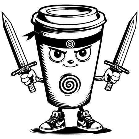 Brave coffee cup with headband and swords ready for ninja battleのイラスト素材