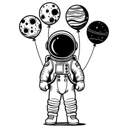 Astronaut holding planet balloons great for kids coloring activityのイラスト素材
