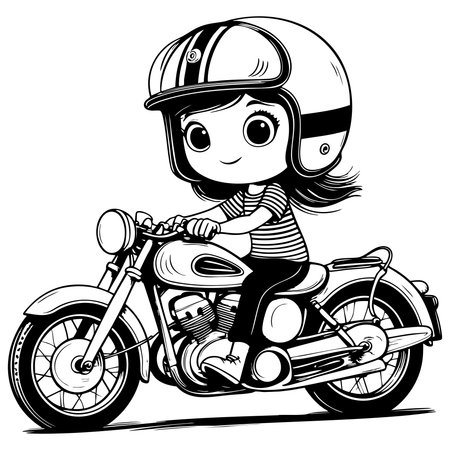 Smiling girl rides a motorcycle wearing helmet fun for coloring activityのイラスト素材