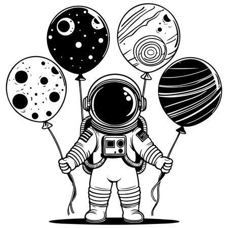 Space explorer astronaut holding four planet balloons cute coloring imageのイラスト素材