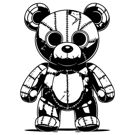 Scary stitched teddy bear with dark eyes and torn fabricのイラスト素材
