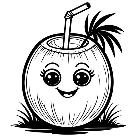 Smiling coconut with straw and leaf cute tropical drinkのイラスト素材