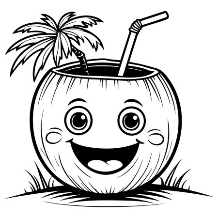 Smiling coconut drink with straw and small palm treeのイラスト素材