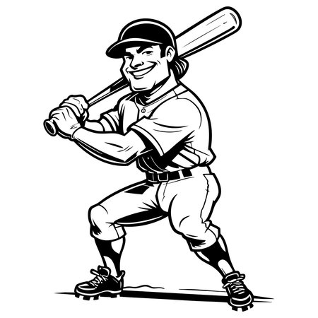 Confident baseball player holding bat smiling ready to hit for coloring funのイラスト素材