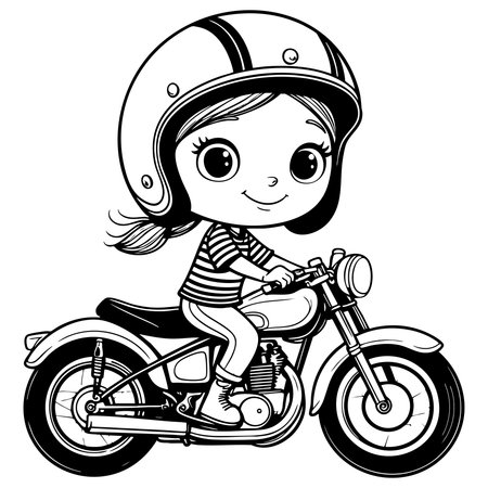 Cute little girl riding a motorbike wearing a helmet and smiling with joyのイラスト素材