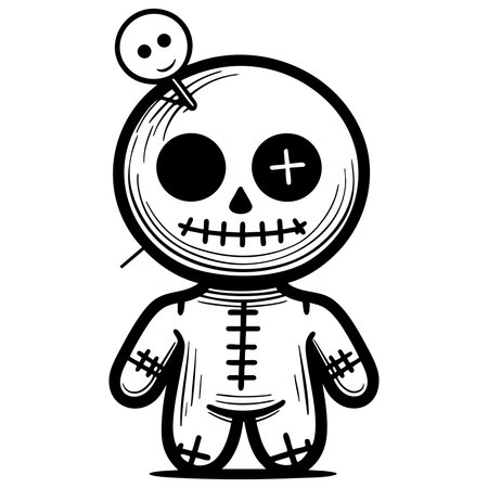 Cute voodoo doll with stitched mouth and button eyes standing happilyのイラスト素材