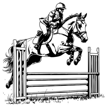 Coloring page of a rider jumping over a hurdle on a horse in competitionのイラスト素材
