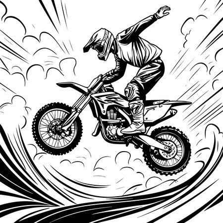 Rider performing an exciting motocross jump in mid air full of motion and adventureのイラスト素材