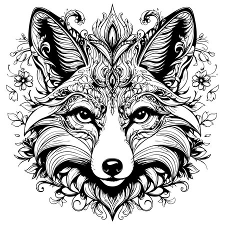 Stunning fox face in mandala floral design perfect for adult coloring loversのイラスト素材