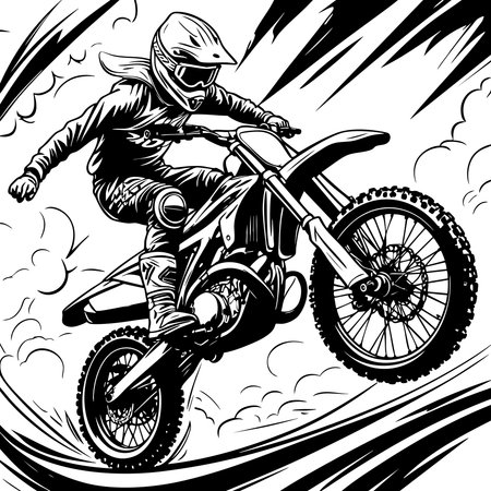 A motocross rider speeding up a dirt track performing an air stunt with fullのイラスト素材