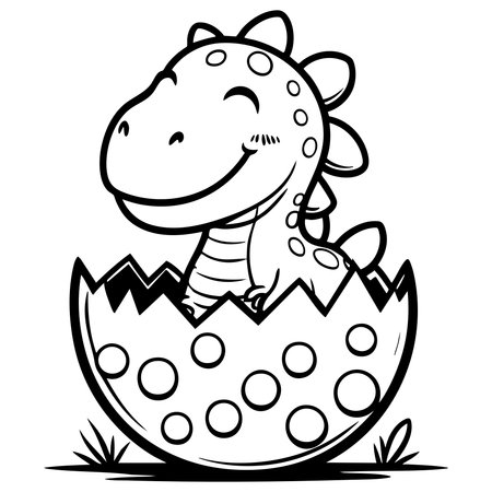 Adorable baby dinosaur smiling while hatching from spotted egg perfect for coloringのイラスト素材