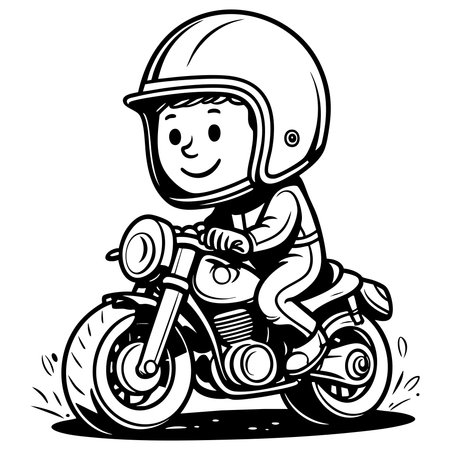 Happy boy wearing helmet rides motorcycle safe and fun coloring page for kidsのイラスト素材