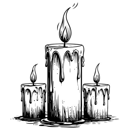 Three burning candles with melting wax cozy relaxing atmosphere illustration for coloringのイラスト素材