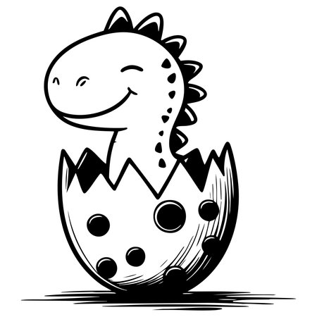 Smiling baby dinosaur peeking out of cracked egg for coloring funのイラスト素材