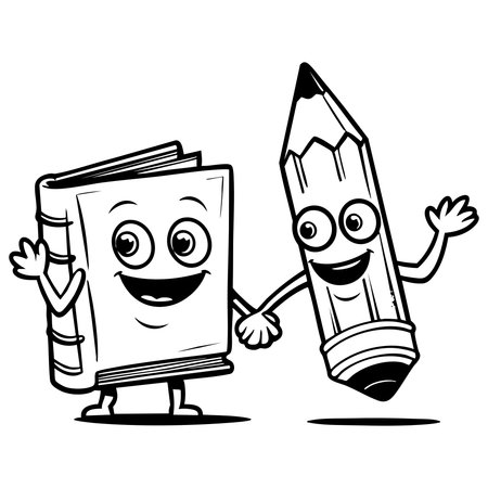 Cartoon book and pencil characters smiling and holding hands in friendshipのイラスト素材