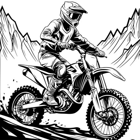 A motocross rider racing through rocky mountain trails in an action sceneのイラスト素材