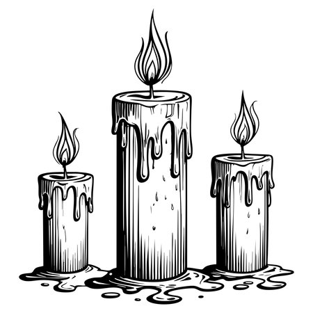 Three candles with dripping wax and glowing flames in black and white designのイラスト素材