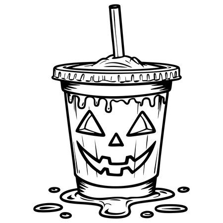Scary pumpkin cold drink cup with straw melting ice for Halloween coloring page funのイラスト素材