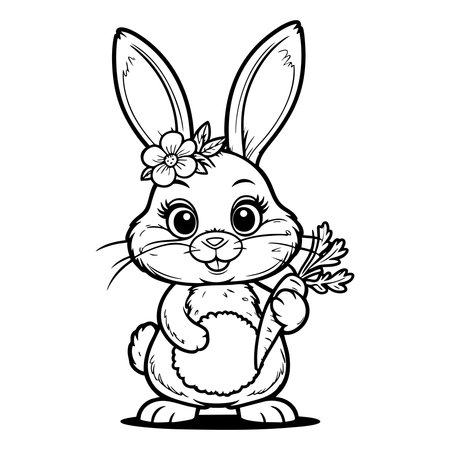 Cute bunny holding carrot coloring page with flower on head perfect for kids coloring funのイラスト素材
