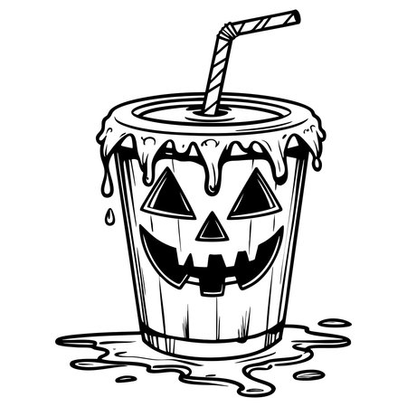 Funny pumpkin drink cup with straw perfect for Halloween kids coloring fun activityのイラスト素材