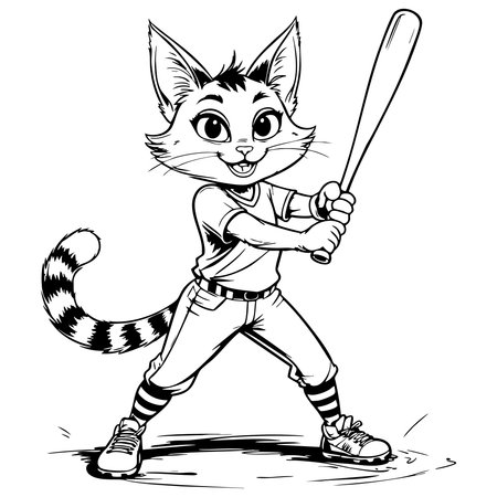 Funny cartoon cat playing baseball perfect for kids coloring activityのイラスト素材