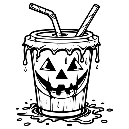 Creepy pumpkin drink cup with straws melting liquid halloween themed coloring pageのイラスト素材