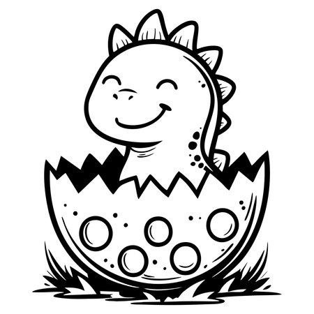Adorable baby dinosaur smiling while hatching from an egg cartoon styleのイラスト素材