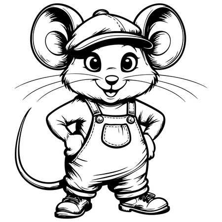 Friendly mouse character wearing overalls and cap drawn in black and white ideal for kids coloring pages and storybook illustrationsのイラスト素材