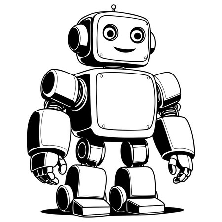 Friendly standing robot with simple shapes and clean black and white lines suitable for kids coloring pages and robot character illustrationsのイラスト素材