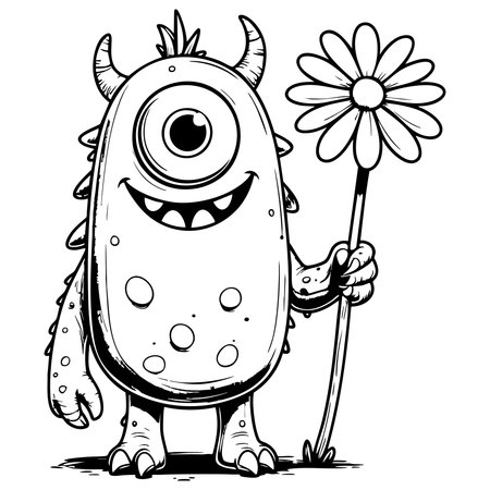Friendly one eyed monster holding flower illustration perfect for kids coloring funのイラスト素材