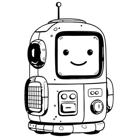 Cute cartoon robot with simple controls and smiling face illustrated in black whiteのイラスト素材