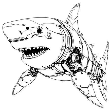 Large robotic shark with mechanical fins illustrated in detailed monochrome sci fi styleのイラスト素材