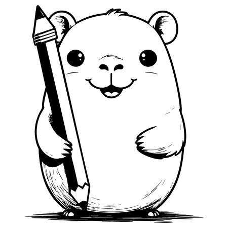 Adorable smiling hamster holding a big pencil drawn in clean black and white line art perfect for kids coloring pages and school themed illustrationsのイラスト素材