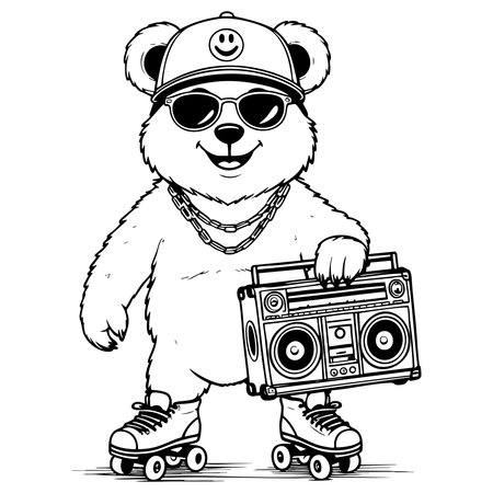Cool cartoon bear wearing cap and sunglasses holding a boombox illustrated in black and white line art for coloring pagesのイラスト素材