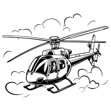 Modern helicopter flying in sky drawn in clean black and white line art style suitable for coloring pages and transport artのイラスト素材